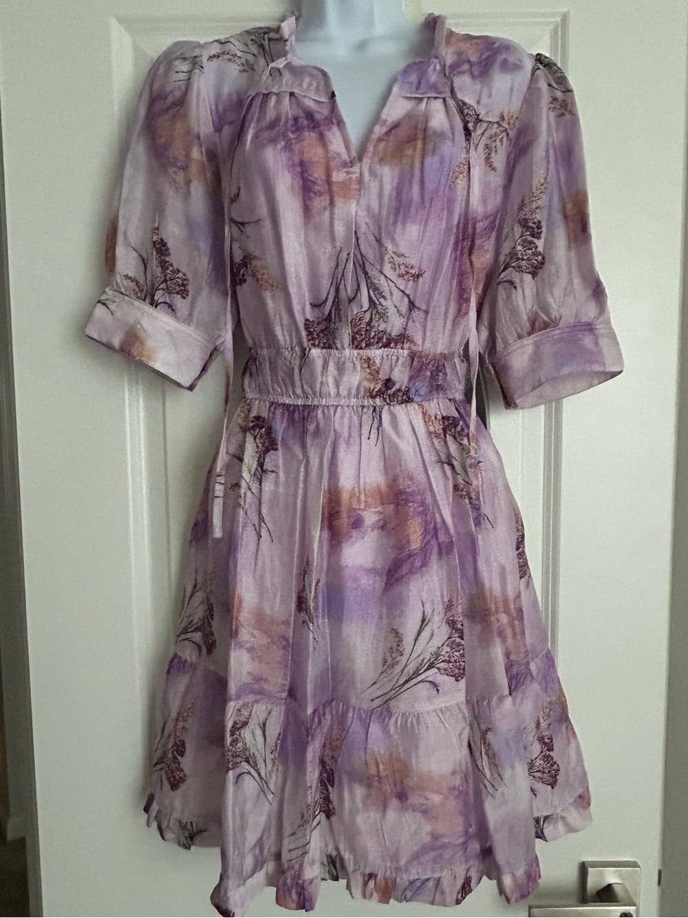 NWT Melloday Printed Shirred Lilac Multi Dress Size Medium - Picture 3 of 9